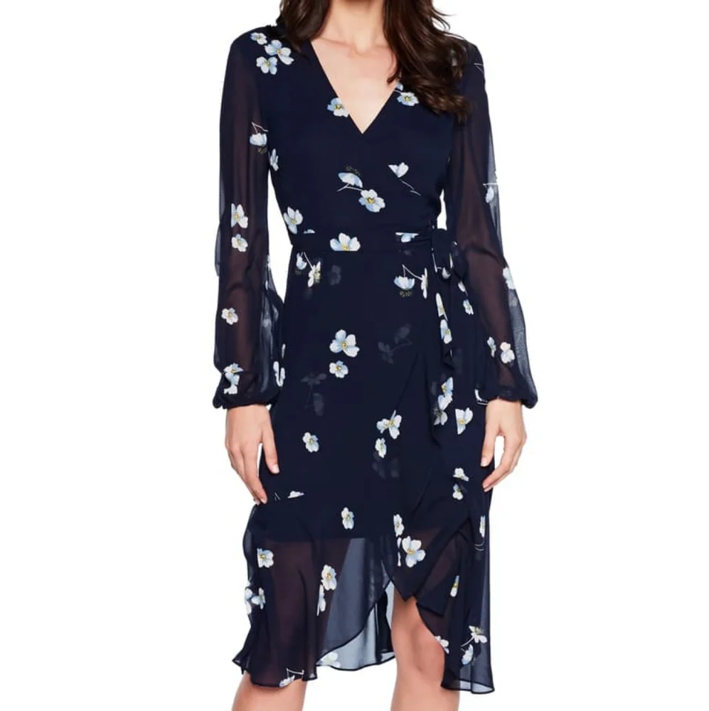 Bardot Poppy Floral Faux Wrap Chiffon Midi Dress, Navy Blue Sz 10 EUC - Picture 1 of 8